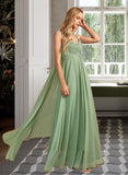 Elise A-Line V-neck Floor-Length Bridesmaid Dress With Ruffle STKP0013014