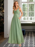 Elise A-Line V-neck Floor-Length Bridesmaid Dress With Ruffle STKP0013014