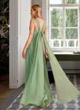 Elise A-Line V-neck Floor-Length Bridesmaid Dress With Ruffle STKP0013014