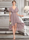 Nicole A-line V-Neck Asymmetrical Chiffon Bridesmaid Dress With Cascading Ruffles STKP0013019