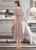 Nicole A-line V-Neck Asymmetrical Chiffon Bridesmaid Dress With Cascading Ruffles STKP0013019