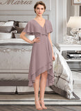 Nicole A-line V-Neck Asymmetrical Chiffon Bridesmaid Dress With Cascading Ruffles STKP0013019