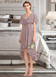 Nicole A-line V-Neck Asymmetrical Chiffon Bridesmaid Dress With Cascading Ruffles STKP0013019