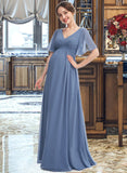 Adelaide A-Line V-neck Floor-Length Bridesmaid Dress With Ruffle STKP0013024