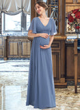 Adelaide A-Line V-neck Floor-Length Bridesmaid Dress With Ruffle STKP0013024