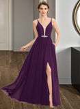 Daisy A-Line V-neck Floor-Length Chiffon Bridesmaid Dress With Beading Sequins Split Front Pockets STKP0013028