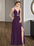 Daisy A-Line V-neck Floor-Length Chiffon Bridesmaid Dress With Beading Sequins Split Front Pockets STKP0013028