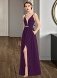 Daisy A-Line V-neck Floor-Length Chiffon Bridesmaid Dress With Beading Sequins Split Front Pockets STKP0013028