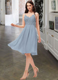 Maya A-Line V-neck Knee-Length Chiffon Lace Bridesmaid Dress STKP0013032