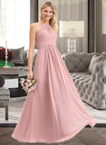 Jazlene A-Line Scoop Neck Floor-Length Chiffon Bridesmaid Dress With Bow(s) Cascading Ruffles STKP0013033