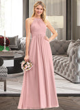 Jazlene A-Line Scoop Neck Floor-Length Chiffon Bridesmaid Dress With Bow(s) Cascading Ruffles STKP0013033