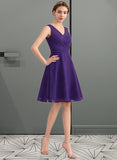 Carly A-Line V-neck Knee-Length Chiffon Bridesmaid Dress With Ruffle STKP0013039