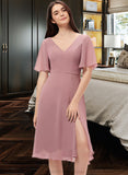 Georgia A-Line V-neck Knee-Length Chiffon Bridesmaid Dress With Split Front STKP0013044