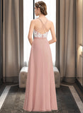 Evelin A-Line V-neck Floor-Length Chiffon Lace Bridesmaid Dress With Split Front STKP0013045