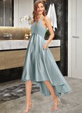 Millie A-Line Scoop Neck Asymmetrical Satin Bridesmaid Dress With Pockets STKP0013050