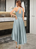 Millie A-Line Scoop Neck Asymmetrical Satin Bridesmaid Dress With Pockets STKP0013050