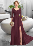 Jaelynn A-Line V-neck Floor-Length Chiffon Lace Bridesmaid Dress With Ruffle Split Front STKP0013051