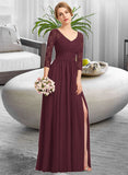 Jaelynn A-Line V-neck Floor-Length Chiffon Lace Bridesmaid Dress With Ruffle Split Front STKP0013051