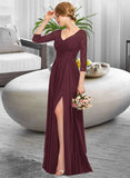 Jaelynn A-Line V-neck Floor-Length Chiffon Lace Bridesmaid Dress With Ruffle Split Front STKP0013051