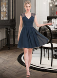 Kenna A-Line V-neck Knee-Length Chiffon Lace Bridesmaid Dress STKP0013054