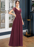 Luna A-Line V-neck Floor-Length Bridesmaid Dress With Lace STKP0013056