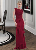 Charity Sheath/Column Scoop Neck Floor-Length Chiffon Lace Bridesmaid Dress With Cascading Ruffles STKP0013057