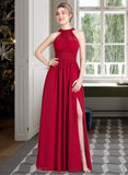 Skylar A-Line Scoop Neck Floor-Length Chiffon Bridesmaid Dress With Ruffle Bow(s) Split Front STKP0013058