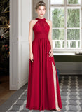 Skylar A-Line Scoop Neck Floor-Length Chiffon Bridesmaid Dress With Ruffle Bow(s) Split Front STKP0013058