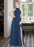 Skylar A-Line Scoop Neck Floor-Length Chiffon Bridesmaid Dress With Ruffle Bow(s) Split Front STKP0013058