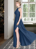 Skylar A-Line Scoop Neck Floor-Length Chiffon Bridesmaid Dress With Ruffle Bow(s) Split Front STKP0013058