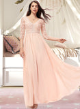 Jaqueline A-line V-Neck Floor-Length Chiffon Lace Bridesmaid Dress STKP0013062