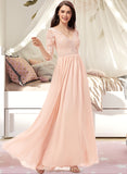 Jaqueline A-line V-Neck Floor-Length Chiffon Lace Bridesmaid Dress STKP0013062