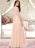 Jaqueline A-line V-Neck Floor-Length Chiffon Lace Bridesmaid Dress STKP0013062