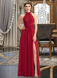 Saniyah A-Line High Neck Floor-Length Chiffon Lace Bridesmaid Dress With Ruffle Split Front STKP0013065