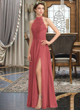 Saniyah A-Line High Neck Floor-Length Chiffon Lace Bridesmaid Dress With Ruffle Split Front STKP0013065