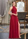 Saniyah A-Line High Neck Floor-Length Chiffon Lace Bridesmaid Dress With Ruffle Split Front STKP0013065