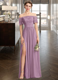 Elena A-Line Off-the-Shoulder Floor-Length Chiffon Lace Bridesmaid Dress With Split Front STKP0013066