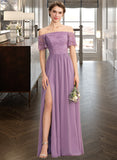 Elena A-Line Off-the-Shoulder Floor-Length Chiffon Lace Bridesmaid Dress With Split Front STKP0013066