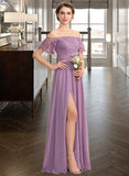 Elena A-Line Off-the-Shoulder Floor-Length Chiffon Lace Bridesmaid Dress With Split Front STKP0013066