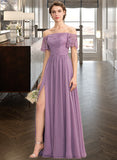 Elena A-Line Off-the-Shoulder Floor-Length Chiffon Lace Bridesmaid Dress With Split Front STKP0013066