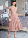 Courtney A-Line V-neck Tea-Length Chiffon Lace Bridesmaid Dress With Pleated STKP0013067