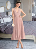 Courtney A-Line V-neck Tea-Length Chiffon Lace Bridesmaid Dress With Pleated STKP0013067