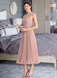 Courtney A-Line V-neck Tea-Length Chiffon Lace Bridesmaid Dress With Pleated STKP0013067