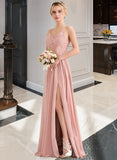 Theresa A-Line Sweetheart Floor-Length Chiffon Lace Bridesmaid Dress With Split Front STKP0013068