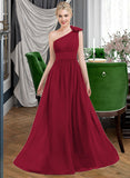 Yazmin A-Line One-Shoulder Floor-Length Chiffon Bridesmaid Dress With Ruffle Flower(s) STKP0013069