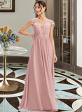 Linda A-Line V-neck Floor-Length Bridesmaid Dress With Lace STKP0013071