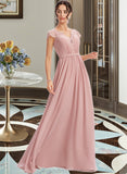 Linda A-Line V-neck Floor-Length Bridesmaid Dress With Lace STKP0013071