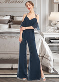 Damaris Jumpsuit/Pantsuit V-neck Floor-Length Bridesmaid Dress With Ruffle STKP0013073