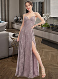 Macey A-Line V-neck Floor-Length Bridesmaid Dress With Split Front STKP0013075