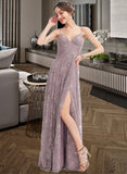 Macey A-Line V-neck Floor-Length Bridesmaid Dress With Split Front STKP0013075